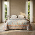 Cream & Golden Yellow Olive Jaipur Indian hand block print floral quilted comforter | Indian handicraft Jaipur hand block print cotton muslin comforter | floral quilted bedspread Sanganer | block print Queen King bedding India | House of Avana [[SKU:HOA-COM-GYOG-015]]