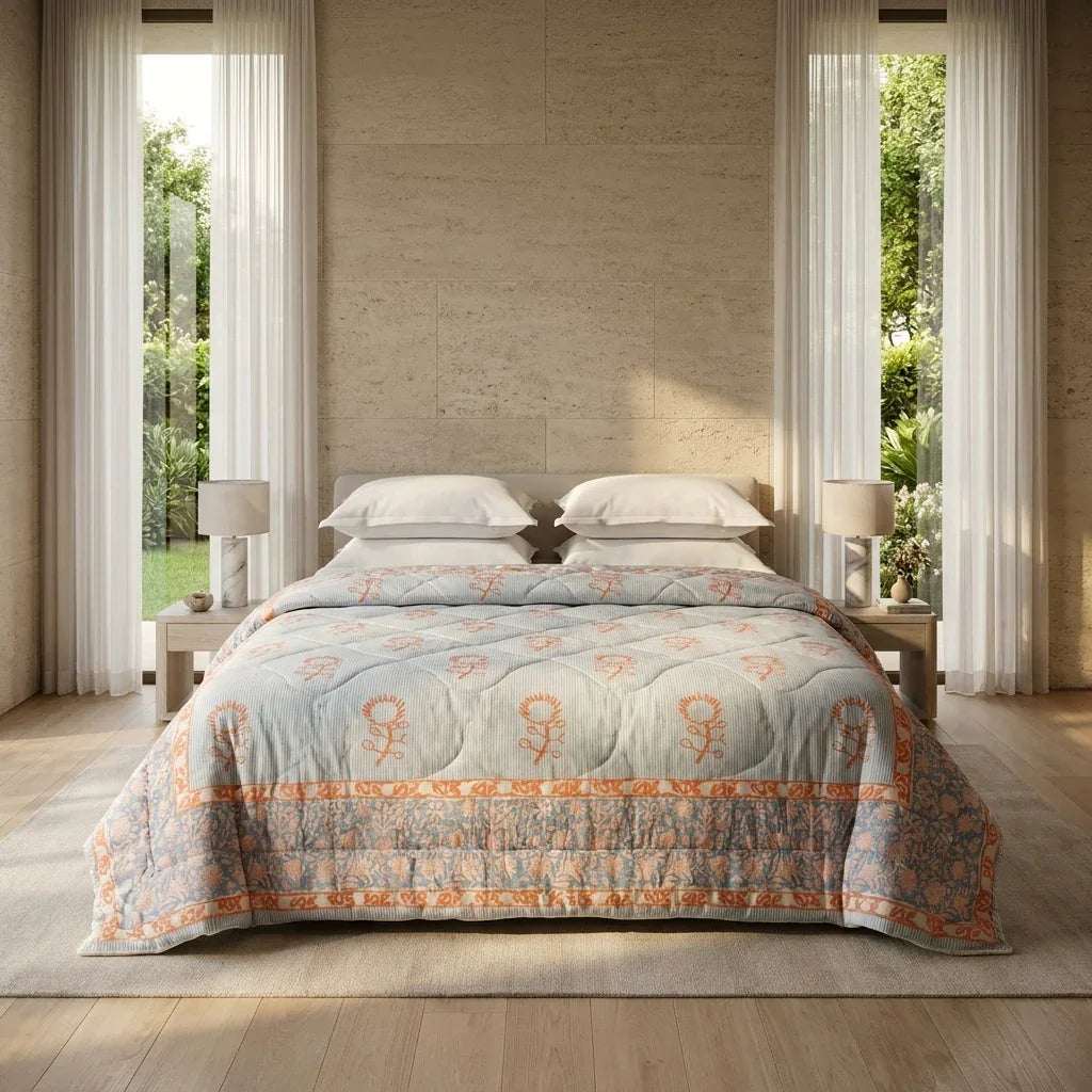 Cream & Golden Yellow Olive Jaipur Indian hand block print floral quilted comforter | Indian handicraft Jaipur hand block print cotton muslin comforter | floral quilted bedspread Sanganer | block print Queen King bedding India | House of Avana [[SKU:HOA-COM-GYOG-015]]