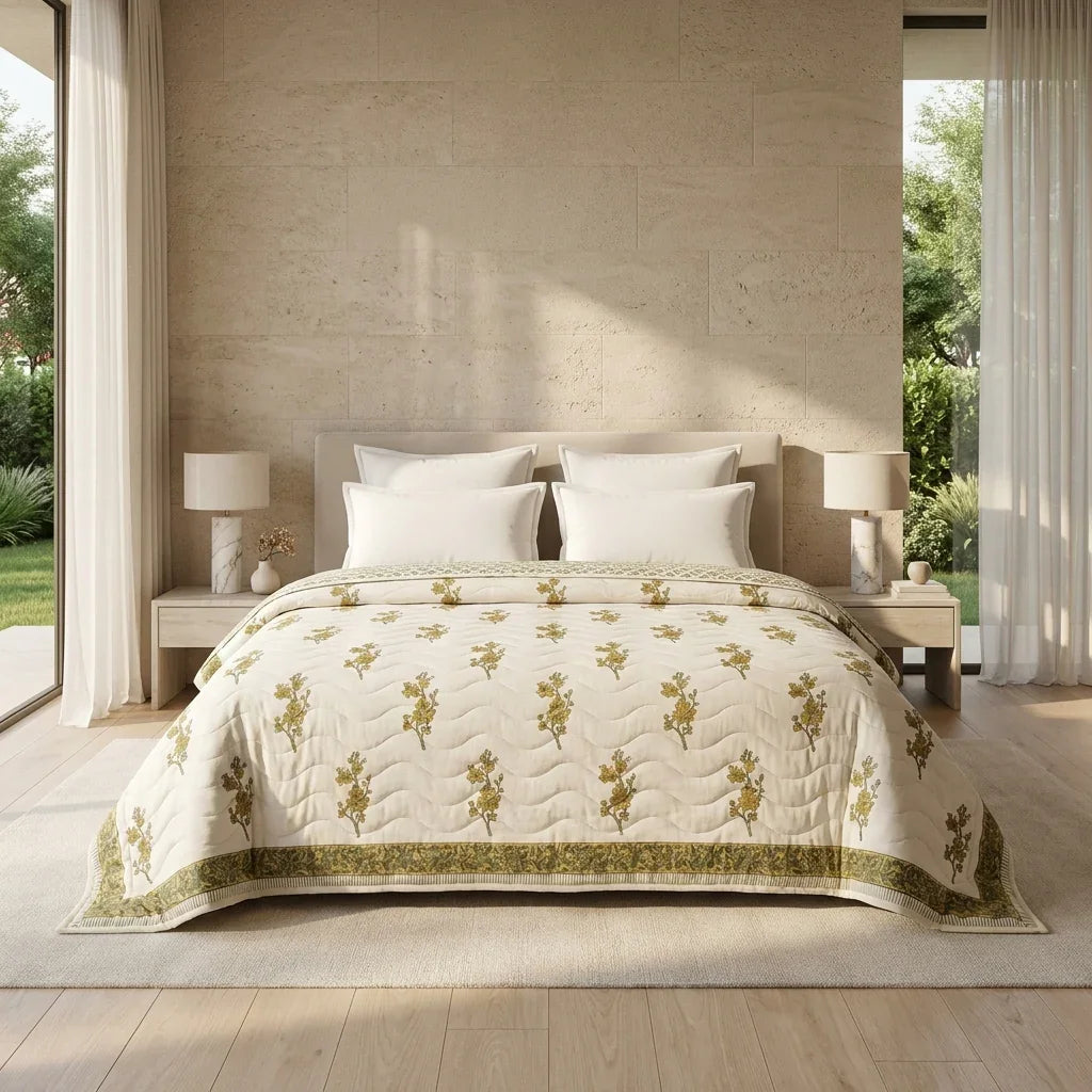 Cream & Mustard Yellow Olive Jaipur Indian hand block print floral quilted comforter | Indian handicraft Jaipur hand block print cotton muslin comforter | floral quilted bedspread Sanganer | block print Queen King bedding India | House of Avana