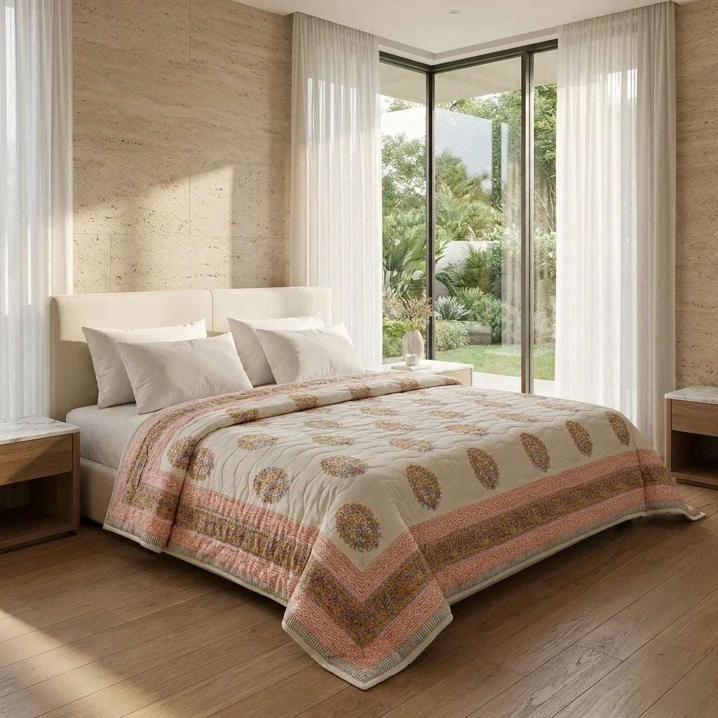 Cream & Sage Green Rose Pink Jaipur Indian hand block print floral quilted comforter | hand block printed muslin cotton quilt Jaipur India | Indian handicraft bedding | Sanganer floral comforter Queen King | artisan block print | House of Avana [[SKU:HOA-COM-SGPK-024]]