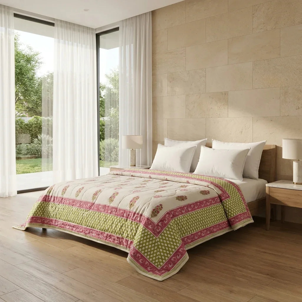 Cream & Deep Rose Jaipur Indian hand block print floral quilted comforter | hand block printed muslin cotton quilt Jaipur India | Indian handicraft bedding | Sanganer floral comforter Queen King | artisan block print | House of Avana