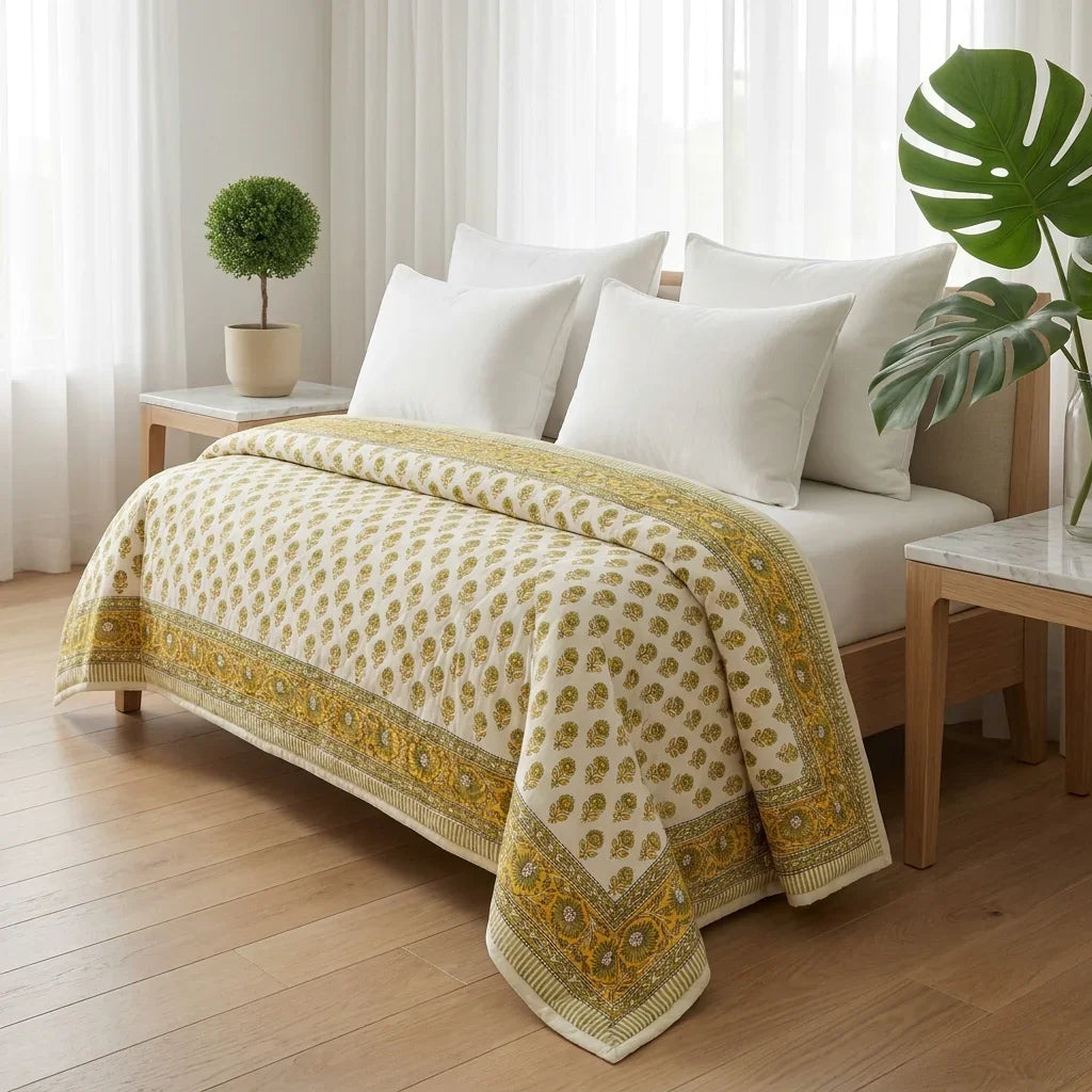 Cream & Mustard Yellow Jaipur Indian hand block print floral quilted comforter | Indian handicraft Jaipur hand block print cotton muslin comforter | floral quilted bedspread Sanganer | block print Queen King bedding India | House of Avana