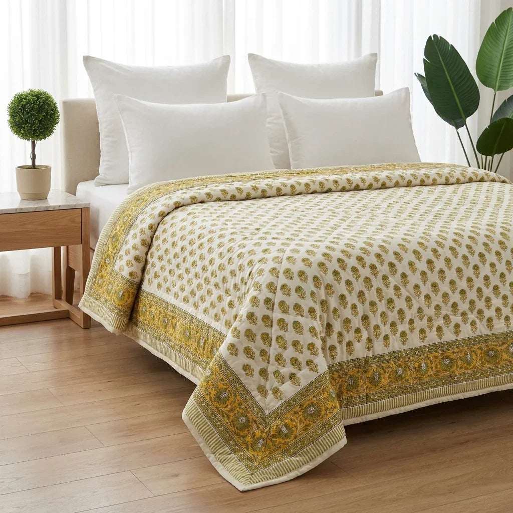 Cream & Mustard Yellow Jaipur Indian hand block print floral quilted comforter | Jaipur Indian block print cotton muslin quilted comforter | Sanganer hand block print floral bedding | quilt Queen King size India handicraft | House of Avana [[SKU:HOA-COM-MYOG-009-K]]