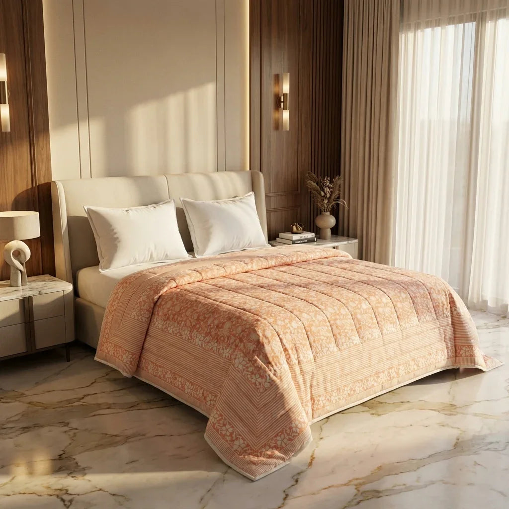 Peach & Cream Jaipur Indian hand block print floral quilted comforter | hand block printed muslin cotton quilt Jaipur India | Indian handicraft bedding | Sanganer floral comforter Queen King | artisan block print | House of Avana