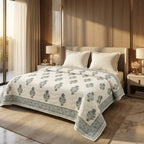 Cream & Dusty Blue Jaipur Indian hand block print floral quilted comforter | Indian handicraft Jaipur hand block print cotton muslin comforter | floral quilted bedspread Sanganer | block print Queen King bedding India | House of Avana