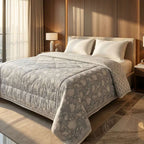 Soft Grey & Cream Jaipur Indian hand block print floral quilted comforter | Jaipur Indian block print cotton muslin quilted comforter | Sanganer hand block print floral bedding | quilt Queen King size India handicraft | House of Avana [[SKU:HOA-COM-SGCP-011]]