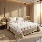 Cream & Deep Rose Olive Jaipur Indian hand block print floral quilted comforter | Jaipur Indian block print cotton muslin quilted comforter | Sanganer hand block print floral bedding | quilt Queen King size India handicraft | House of Avana