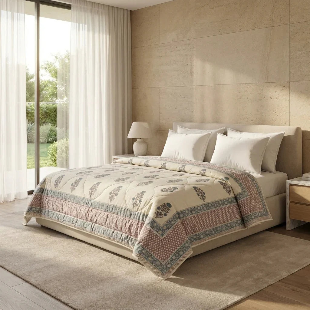Cream & Slate Blue Jaipur Indian hand block print floral quilted comforter | Indian handicraft Jaipur hand block print cotton muslin comforter | floral quilted bedspread Sanganer | block print Queen King bedding India | House of Avana