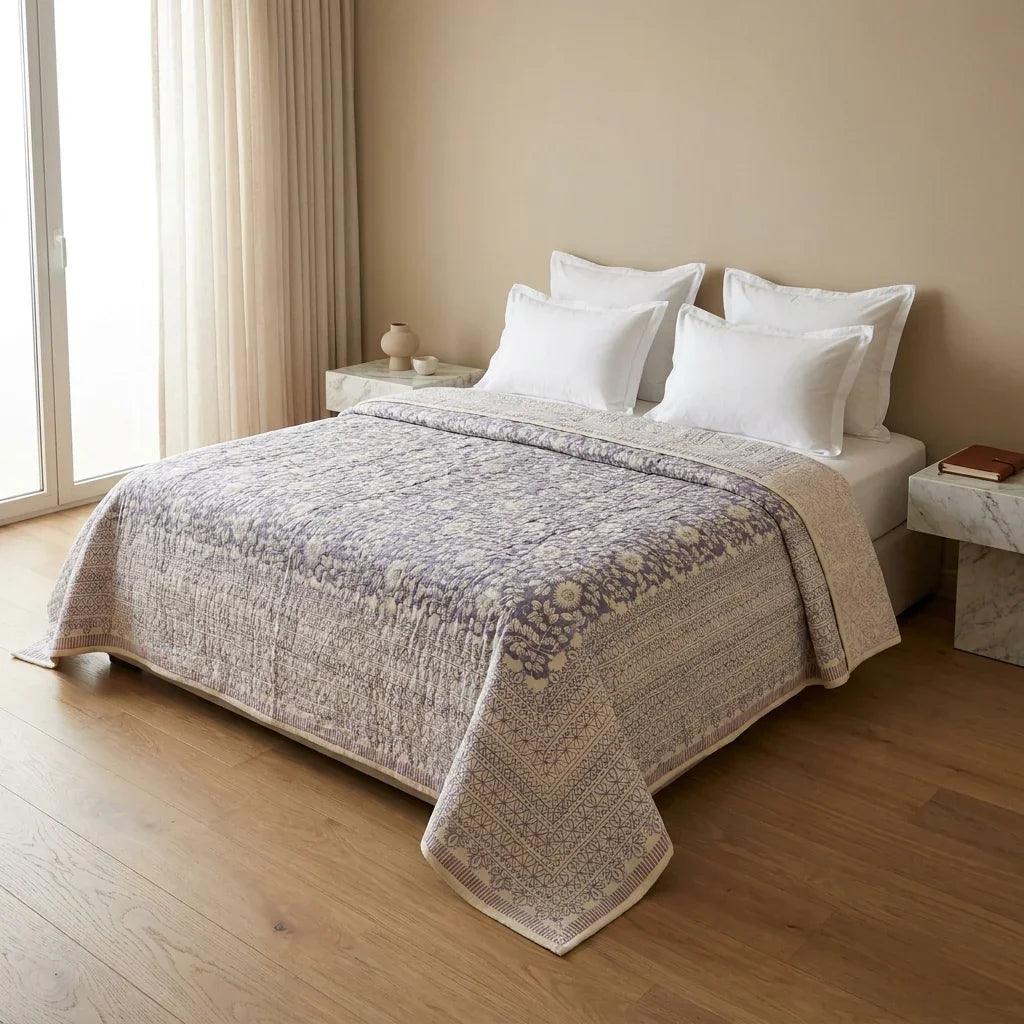 Cream & Sage Green Jaipur Indian hand block print floral quilted comforter | hand block printed muslin cotton quilt Jaipur India | Indian handicraft bedding | Sanganer floral comforter Queen King | artisan block print | House of Avana