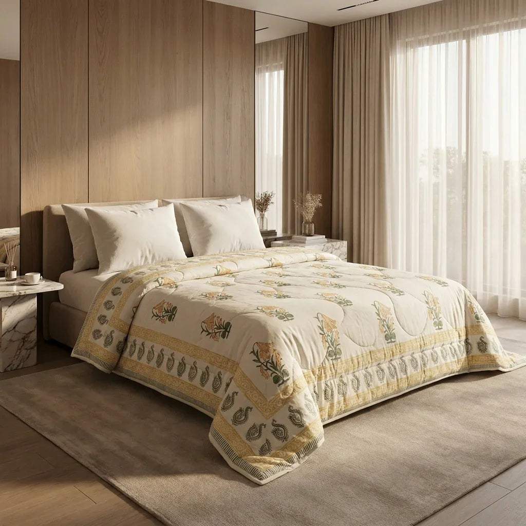 Cream & Golden Yellow Jaipur Indian hand block print floral quilted comforter | Jaipur Indian block print cotton muslin quilted comforter | Sanganer hand block print floral bedding | quilt Queen King size India handicraft | House of Avana