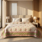 Cream & Deep Rose Olive Jaipur Indian hand block print floral quilted comforter | hand block printed muslin cotton quilt Jaipur India | Indian handicraft bedding | Sanganer floral comforter Queen King | artisan block print | House of Avana