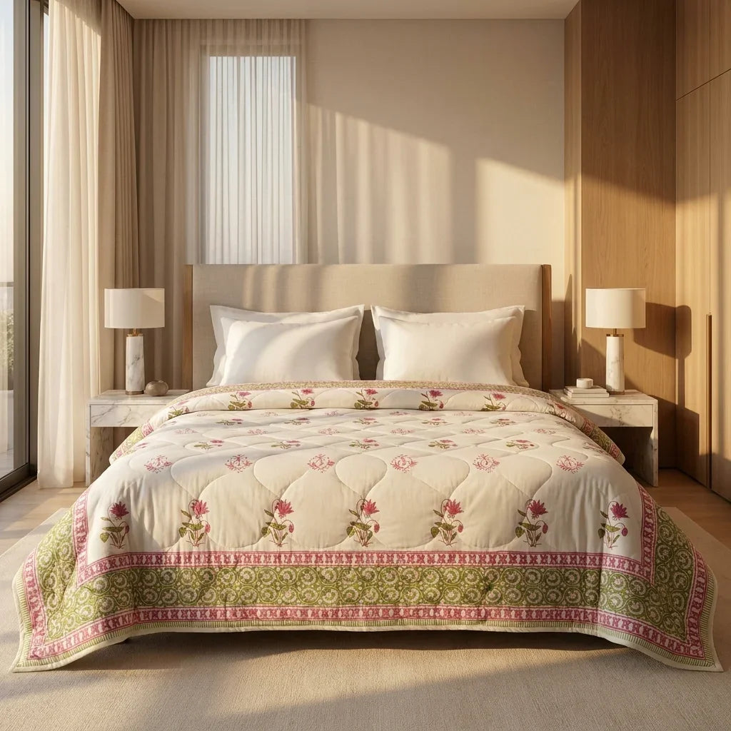Cream & Deep Rose Olive Jaipur Indian hand block print floral quilted comforter | hand block printed muslin cotton quilt Jaipur India | Indian handicraft bedding | Sanganer floral comforter Queen King | artisan block print | House of Avana