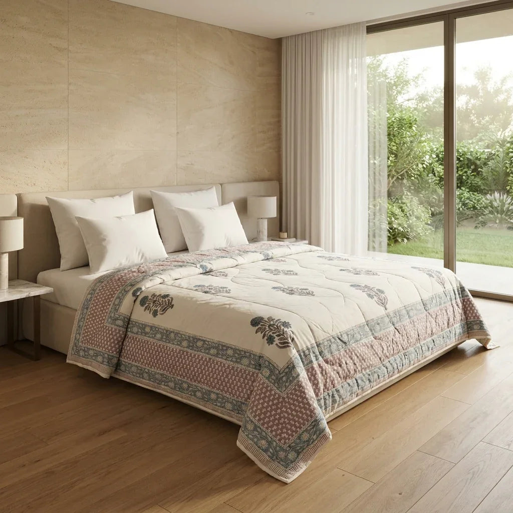 Cream & Slate Blue Jaipur Indian hand block print floral quilted comforter | hand block printed muslin cotton quilt Jaipur India | Indian handicraft bedding | Sanganer floral comforter Queen King | artisan block print | House of Avana