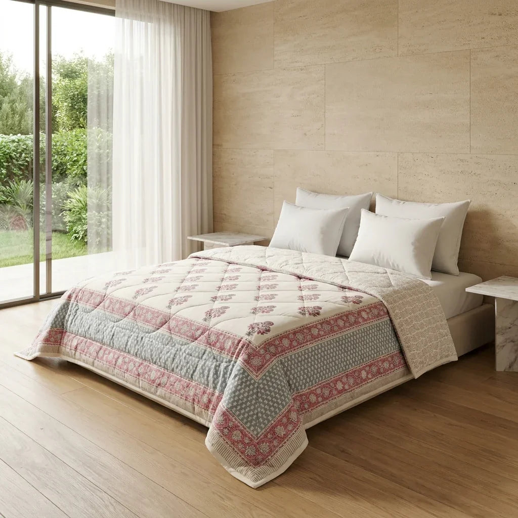 Cream & Charcoal Taupe Jaipur Indian hand block print floral quilted comforter | Indian handicraft Jaipur hand block print cotton muslin comforter | floral quilted bedspread Sanganer | block print Queen King bedding India | House of Avana
