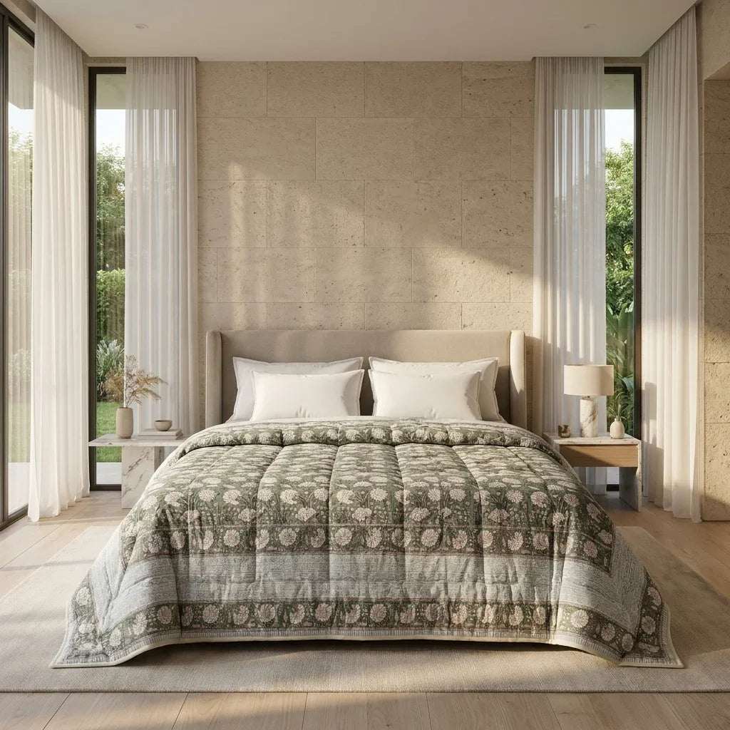 Cream & Golden Yellow Rust Jaipur Indian hand block print floral quilted comforter | Jaipur Indian hand block print cotton muslin quilted comforter | Sanganer floral block print bedding | Queen King size quilt India | House of Avana [[SKU:HOA-COM-GYRU-023]]