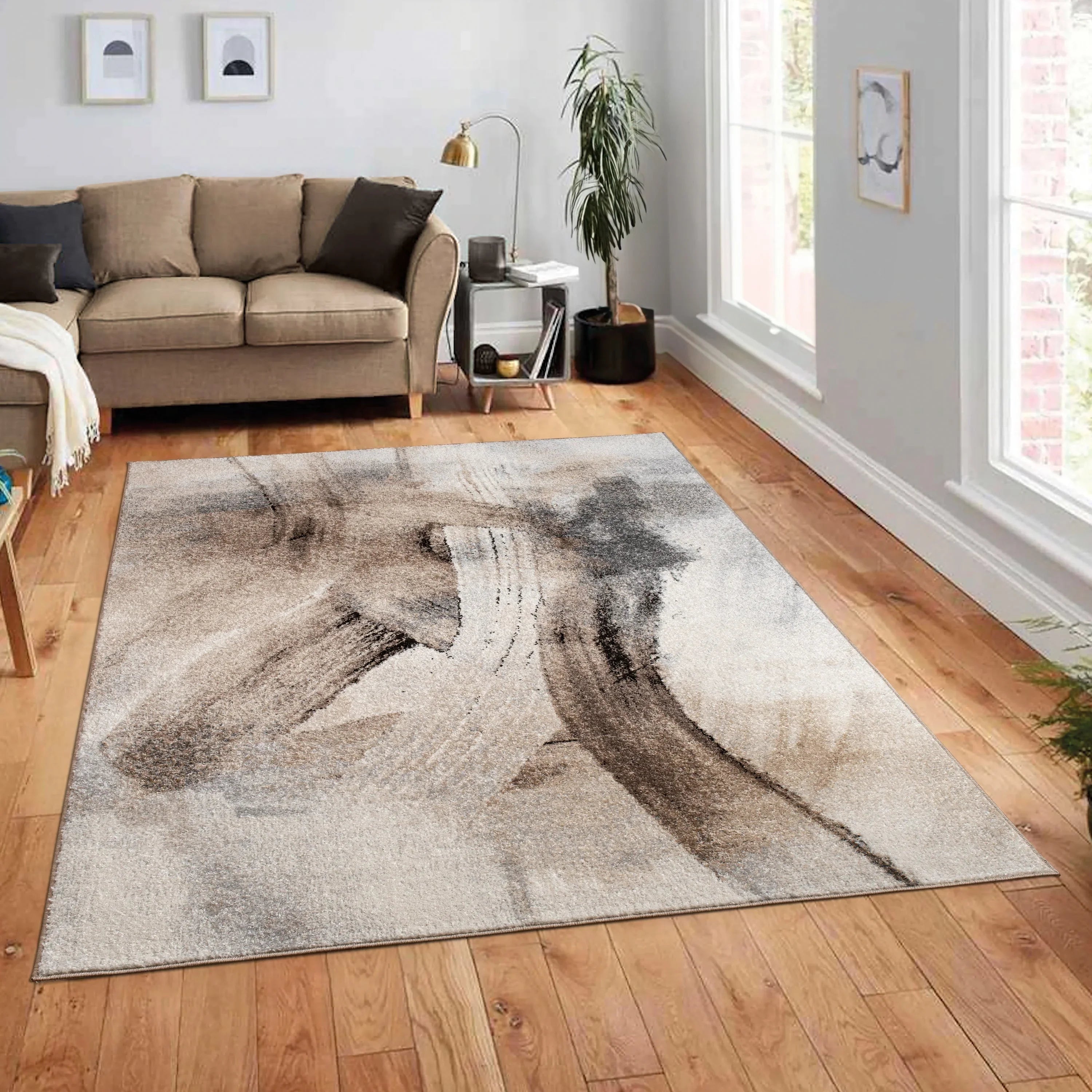 Designer Rug Mona with Artful Brushstroke Effect in Cream Brown Black RugYourHome
