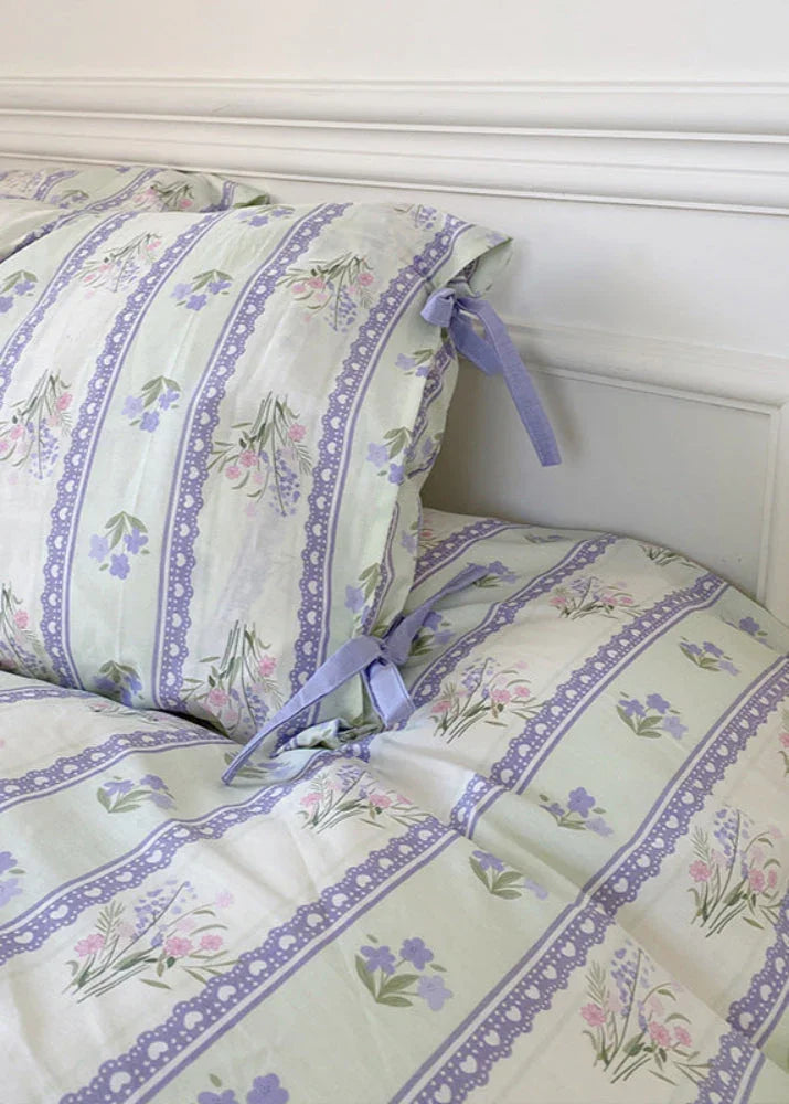 Magnolia Ribbon Bow Tie Floral Bedding Set / Blue Ever Lasting