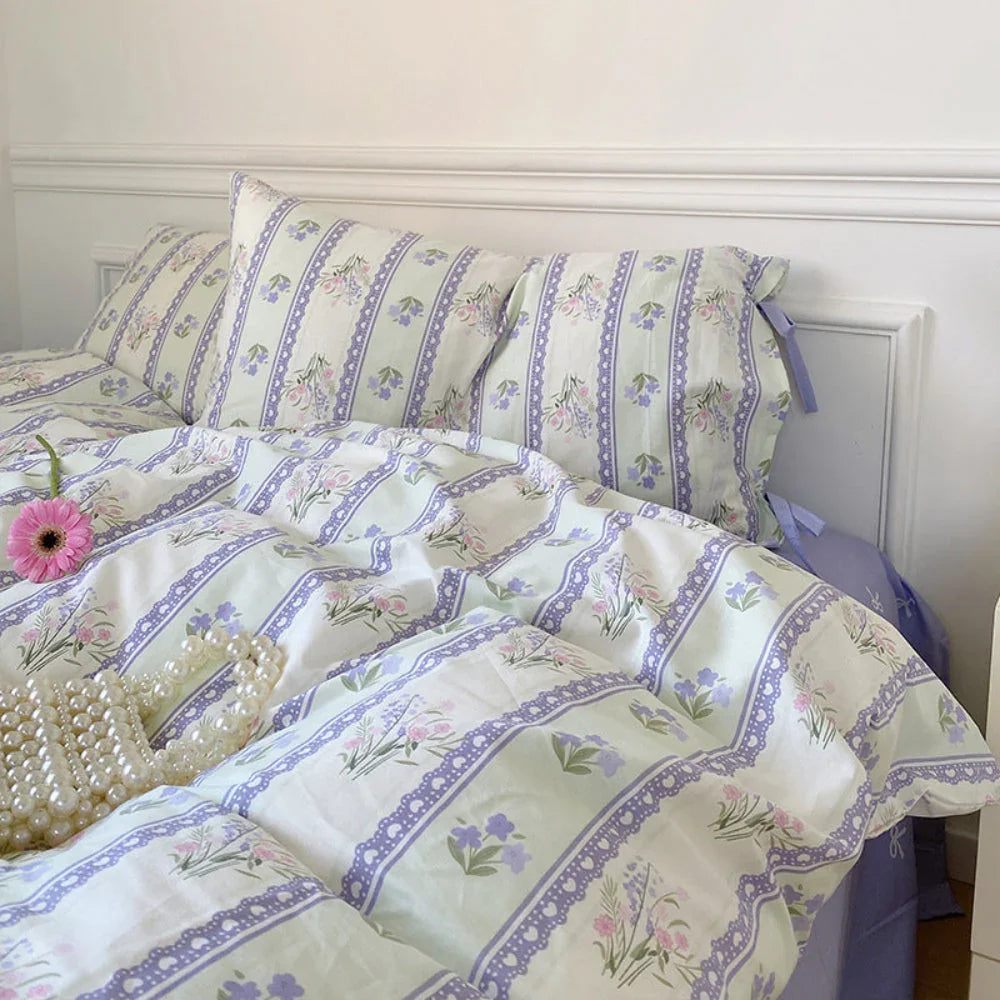 Magnolia Ribbon Bow Tie Floral Bedding Set / Blue Ever Lasting