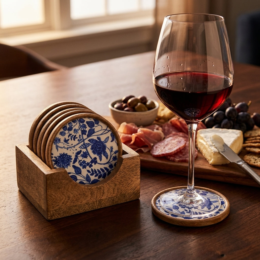 House of Avana Mango Wood Coaster Set of 5 with Holder