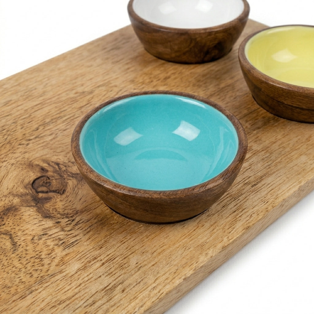 House of Avana Mango Wood Condiment Set with Enamel Bowls