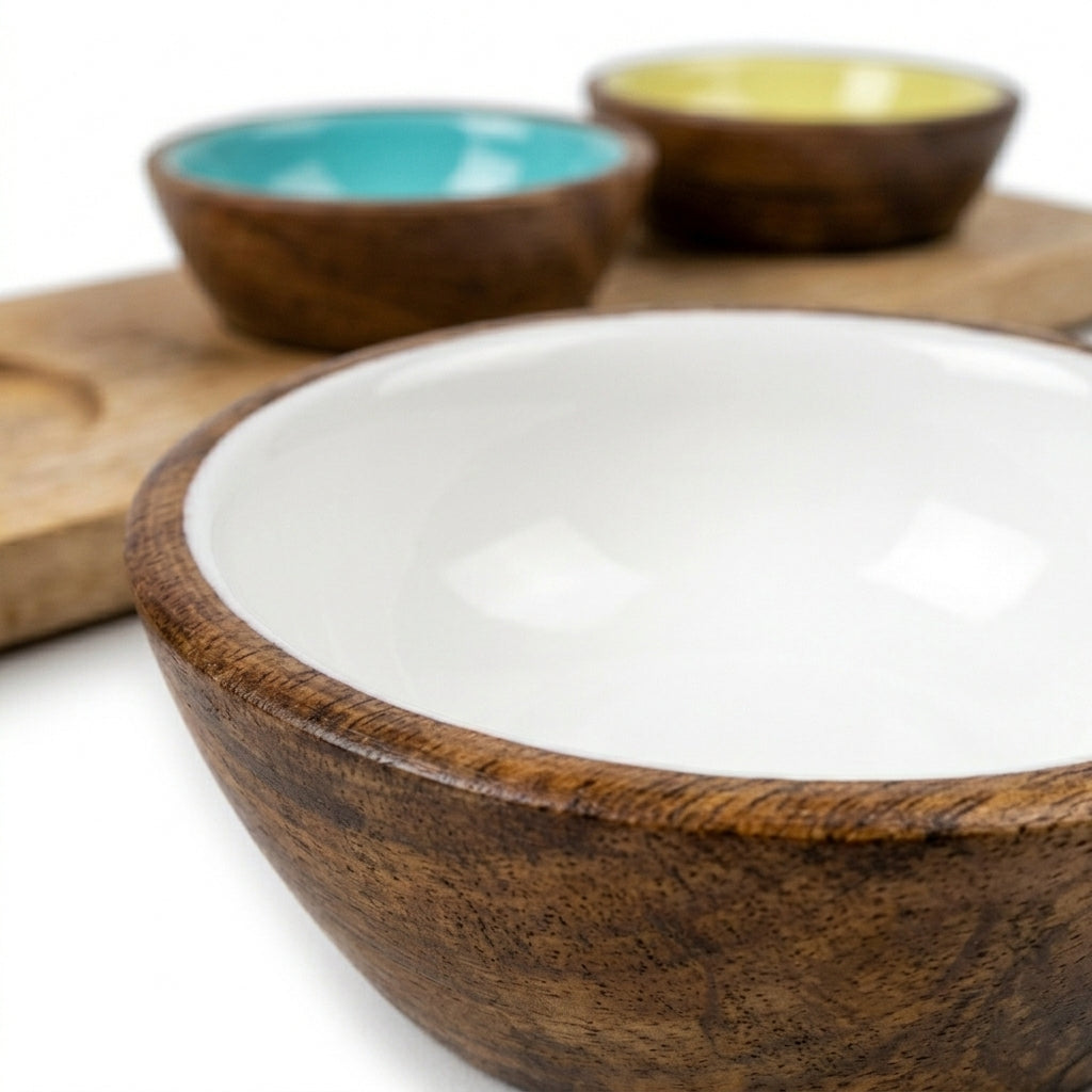 House of Avana Mango Wood Condiment Set with Enamel Bowls