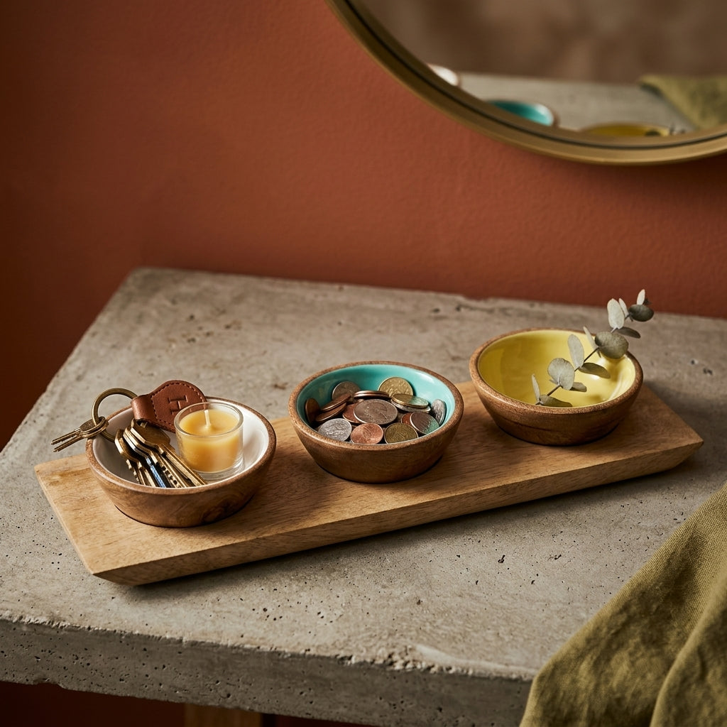 House of Avana Mango Wood Condiment Set with Enamel Bowls