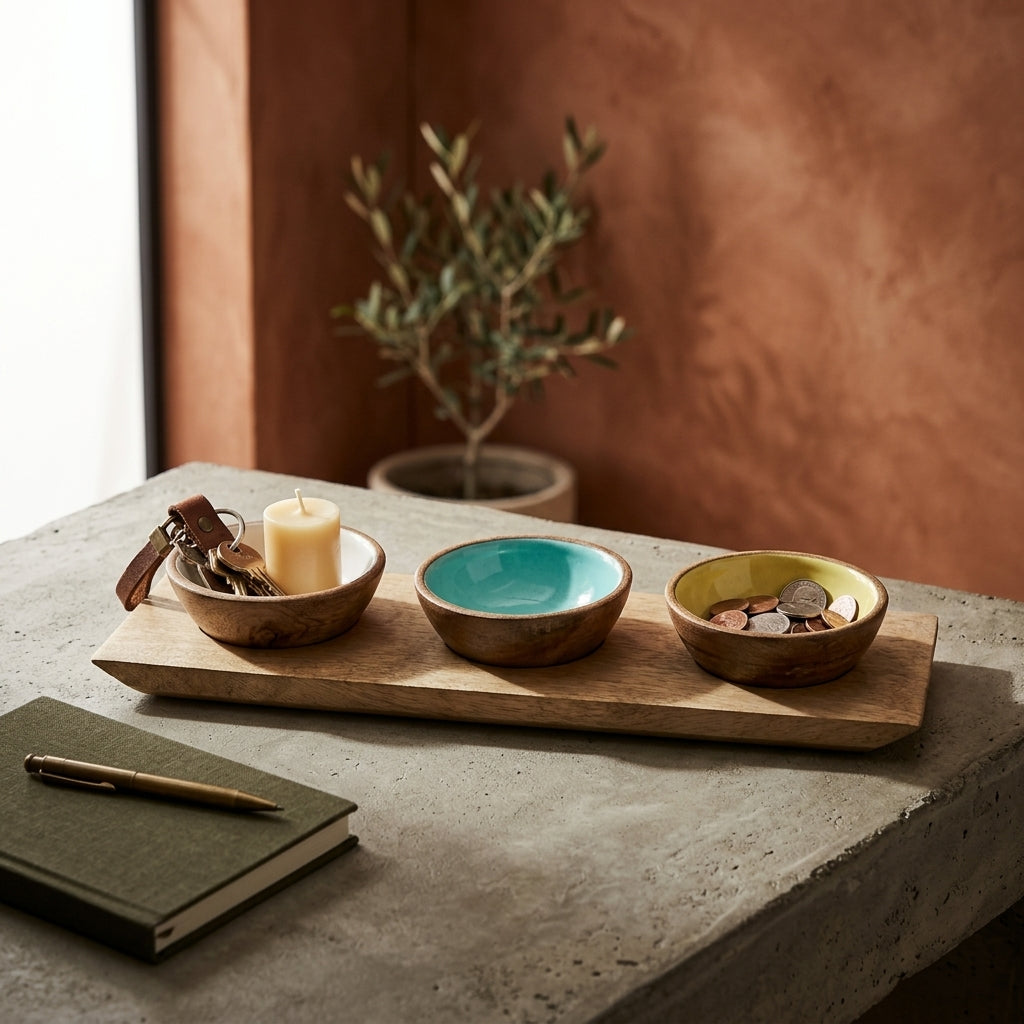 House of Avana Mango Wood Condiment Set with Enamel Bowls