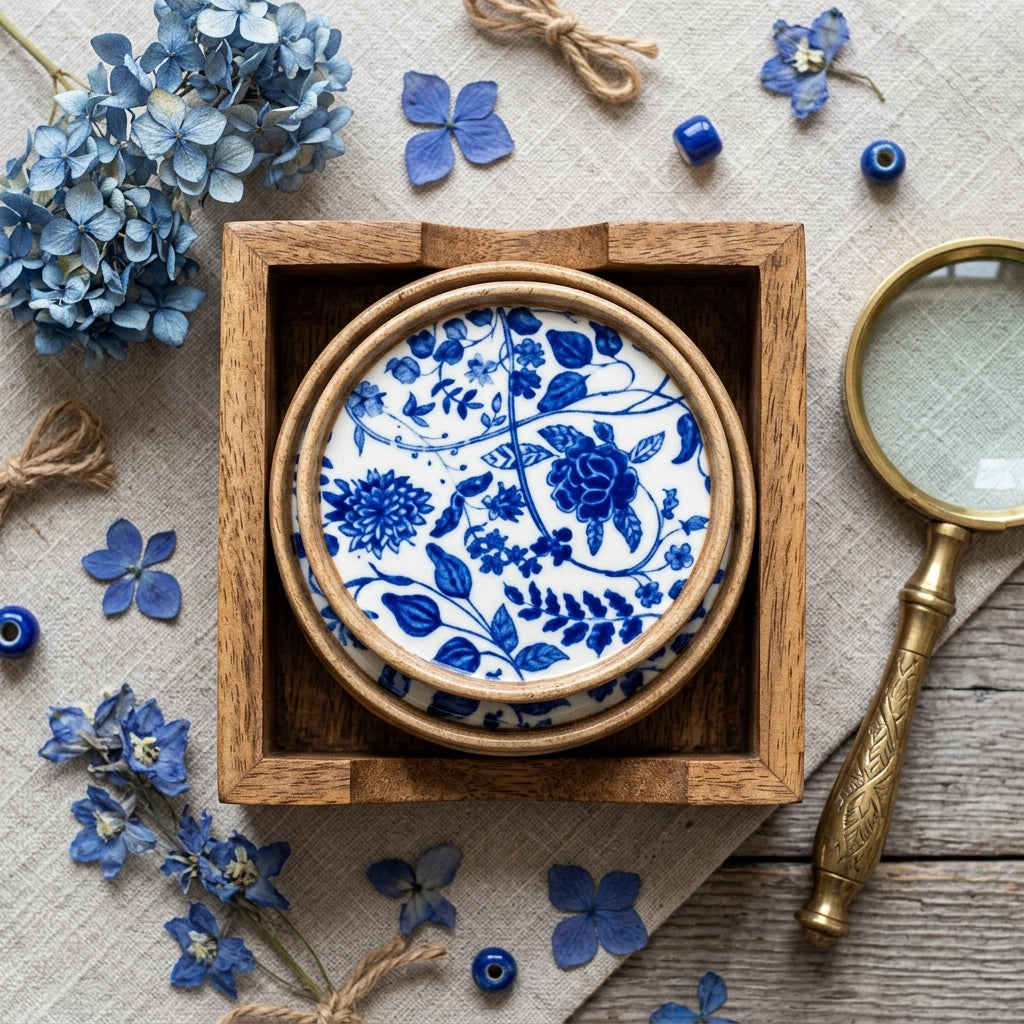 A stack of round ceramic plates with a blue floral and botanical pattern on a white background, presented inside a square wooden box on a linen surface with blue flowers, a magnifying glass, and small blue beads as styled props.