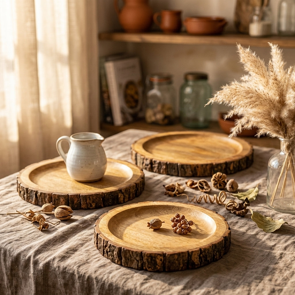 House of Avana Round Tree Mango Wood Platter Set of 3
