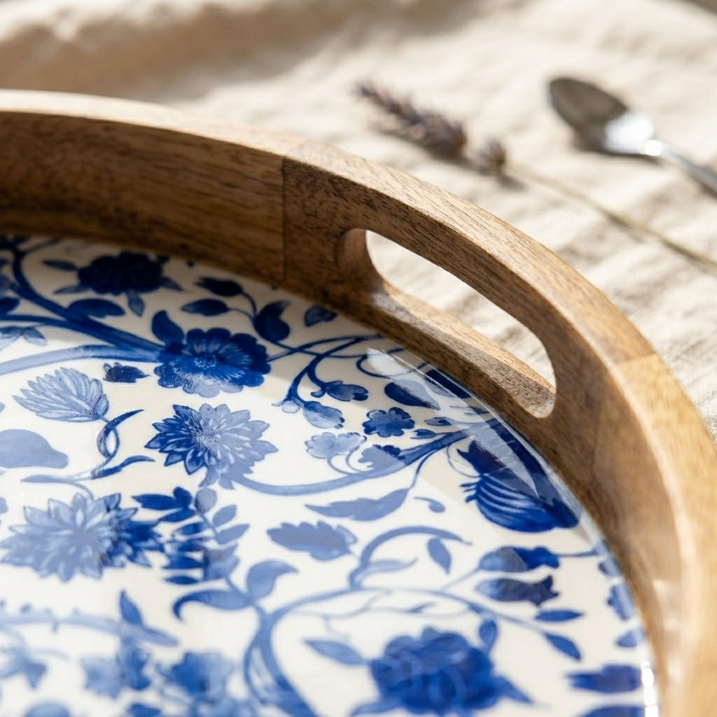 House of Avana Round Blue Mango Wood Serving Tray