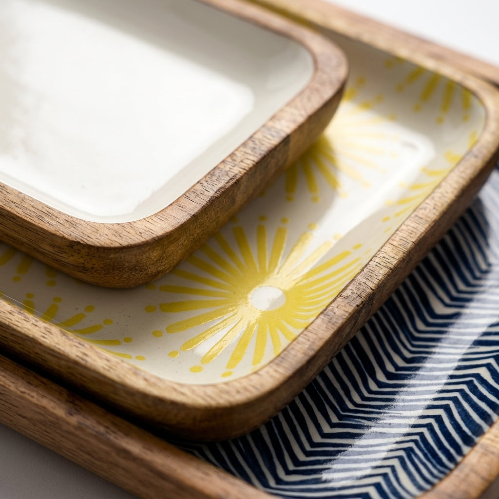 A close-up of stacked rectangular ceramic dishes with rounded wooden rims. The top dish is plain white, the middle dish has a yellow sunburst pattern on a white base, and the bottom dish features a navy blue and white chevron pattern.