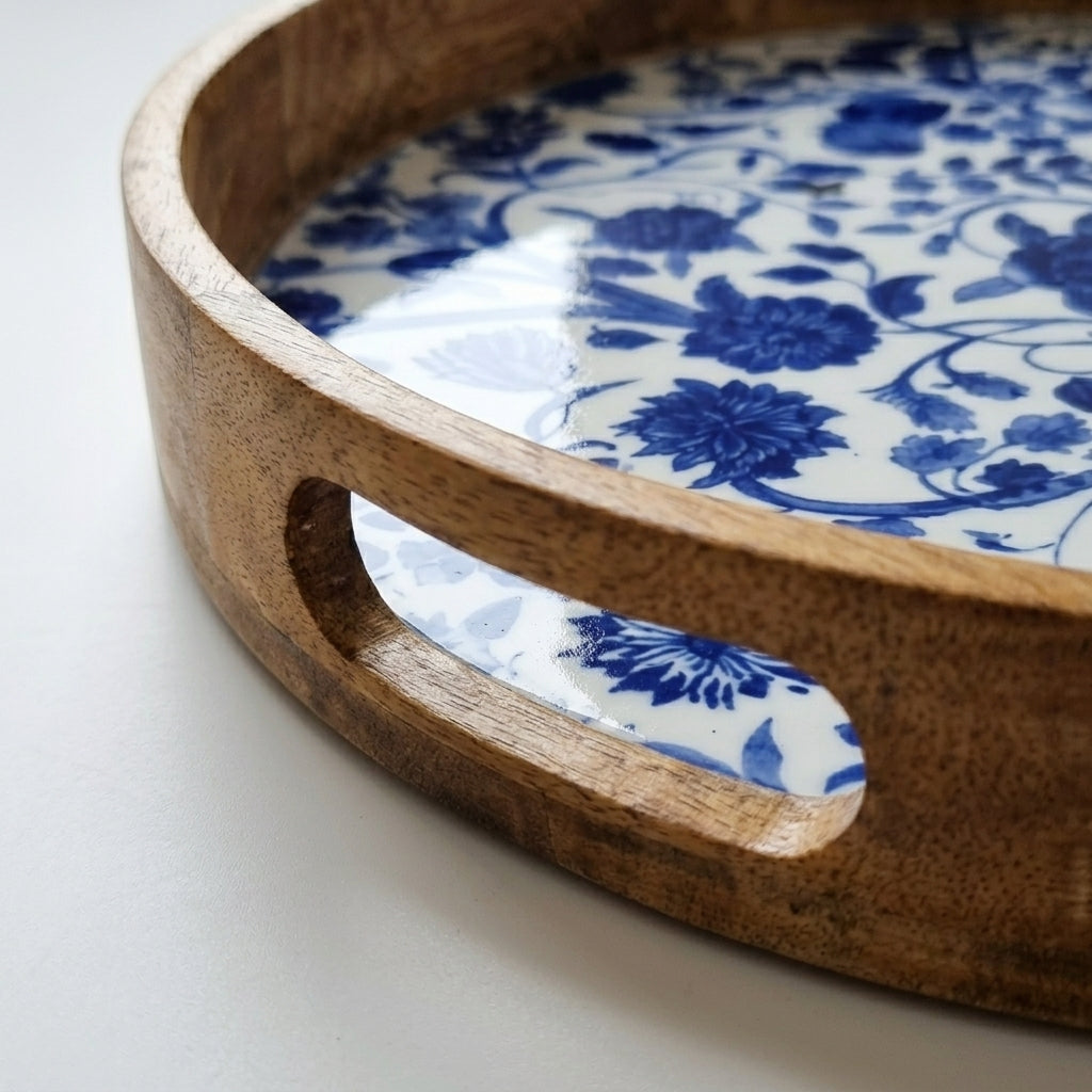 House of Avana Round Blue Mango Wood Serving Tray