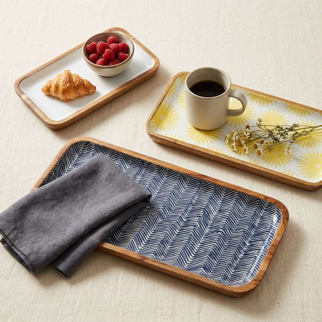 Three rectangular serving trays with light wood rims are arranged on a beige fabric surface. The trays have different printed patterns: one white with a yellow sunburst, one blue and white chevron, and one white with a yellow sunburst. [[SKU:HOA-MOR-KIT-028]]