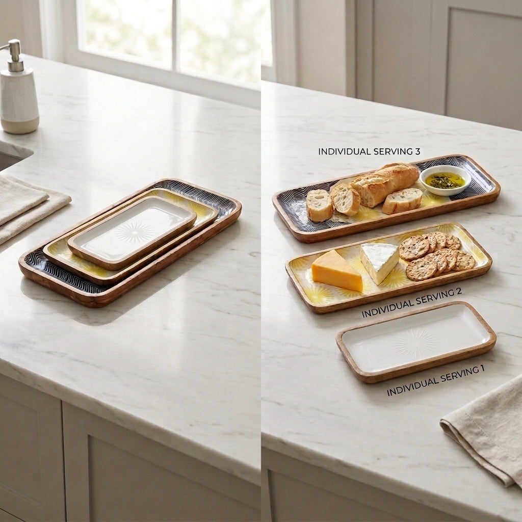 Three rectangular ceramic serving trays with a warm brown rim and a patterned interior are shown on a white marble kitchen countertop. The trays are displayed both stacked together and individually, with food items like bread, cheese, crackers, and a small bowl of oil arranged on them.
