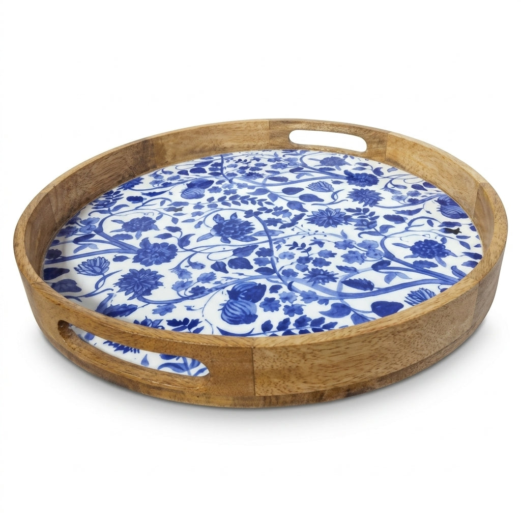 House of Avana Round Blue Mango Wood Serving Tray