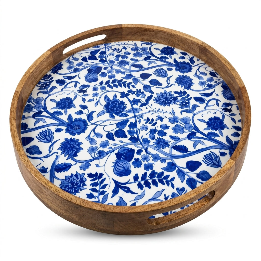 House of Avana Round Blue Mango Wood Serving Tray