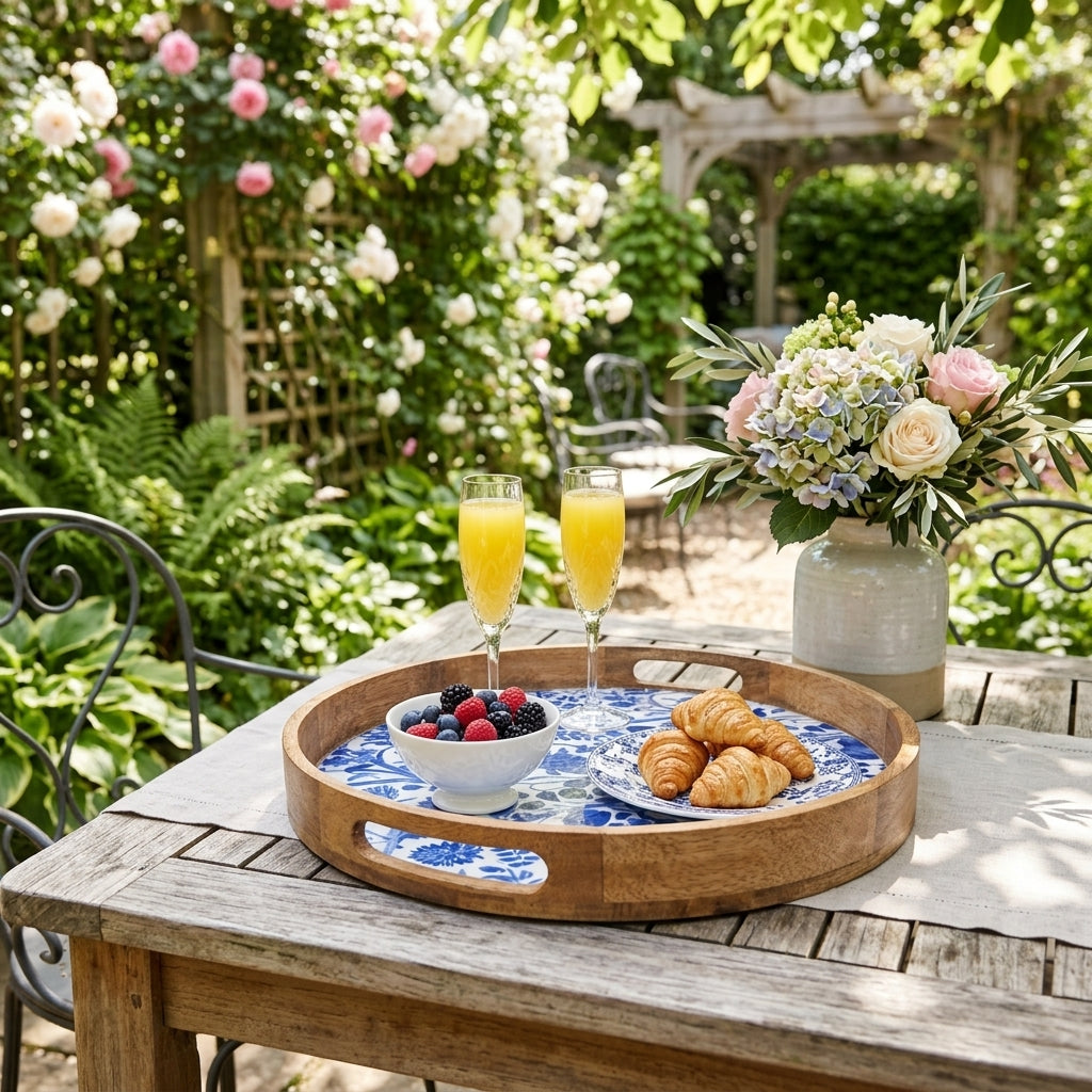 House of Avana Round Blue Mango Wood Serving Tray