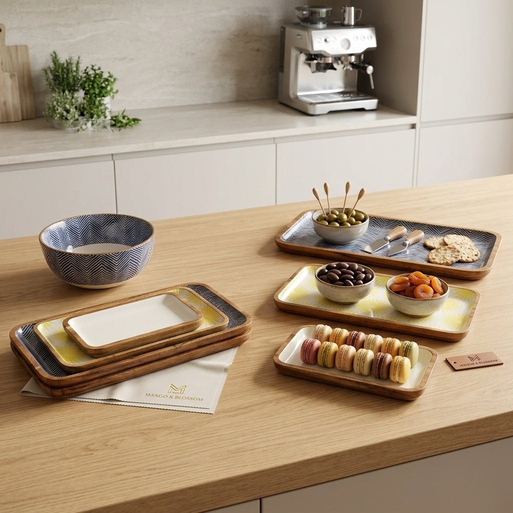A styled kitchen scene showing a set of rectangular serving trays and bowls with wood-toned rims and varied pastel and earthy interiors, arranged on a light wood countertop with food items and a coffee machine in the background.