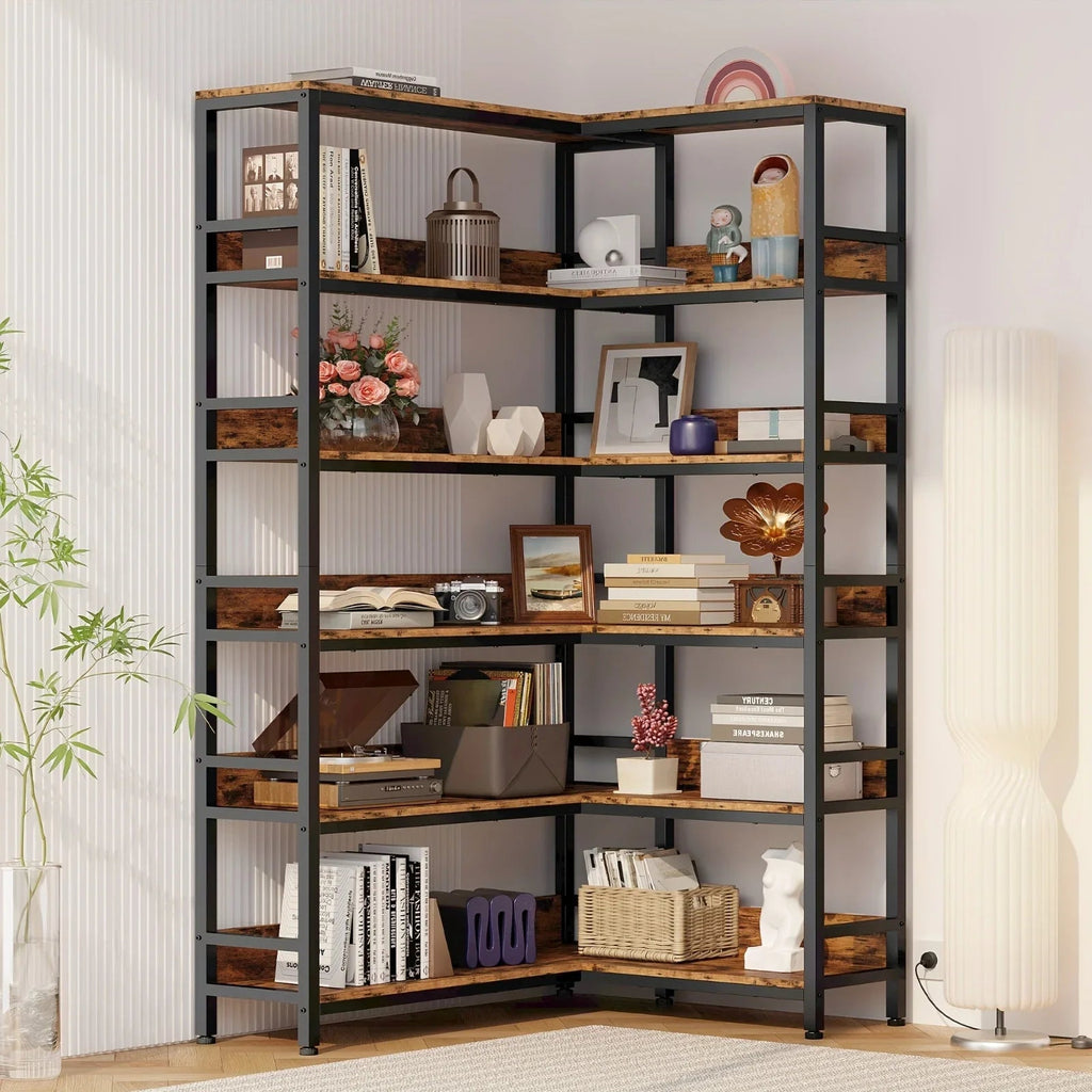 Industrial 6-Tier Corner Bookshelf with Baffles, Metal Frame Storage Rack for Living Room, Home Office, Bookshelf for Small Spaces, Spinning Bookshelf, Book Organizers And Storage, Bookshelf Organizer, Book Storage, Spacesavi House Of Avana [[SKU:HOA-BOK-006]]