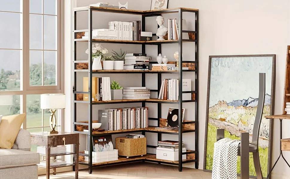 Industrial 6-Tier Corner Bookshelf with Baffles, Metal Frame Storage Rack for Living Room, Home Office, Bookshelf for Small Spaces, Spinning Bookshelf, Book Organizers And Storage, Bookshelf Organizer, Book Storage, Spacesavi House Of Avana [[SKU:HOA-BOK-006]]