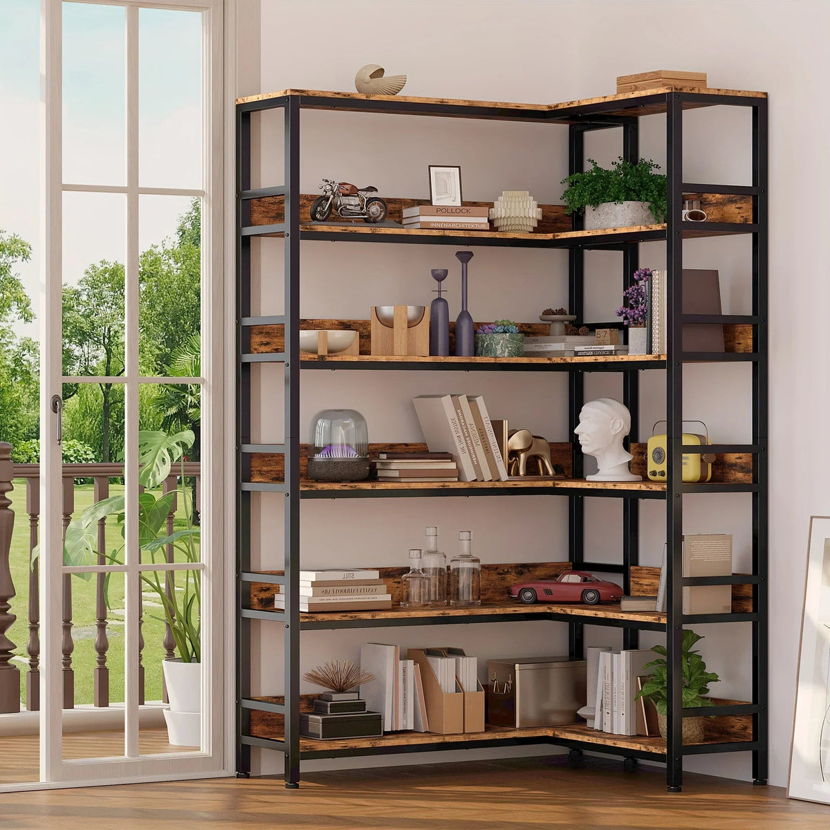 Industrial 6-Tier Corner Bookshelf with Baffles, Metal Frame Storage Rack for Living Room, Home Office, Bookshelf for Small Spaces, Spinning Bookshelf, Book Organizers And Storage, Bookshelf Organizer, Book Storage, Spacesavi House Of Avana [[SKU:HOA-BOK-006]]