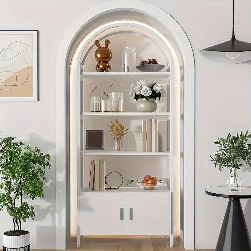 71" Industrial Arched Bookshelf with Doors - Sturdy Metal Frame, Freestanding Display Shelving Unit for... - House Of Avana