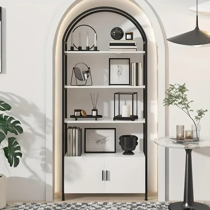 71" Industrial Arched Bookshelf with Doors - Sturdy Metal Frame, Freestanding Display Shelving Unit for... - House Of Avana