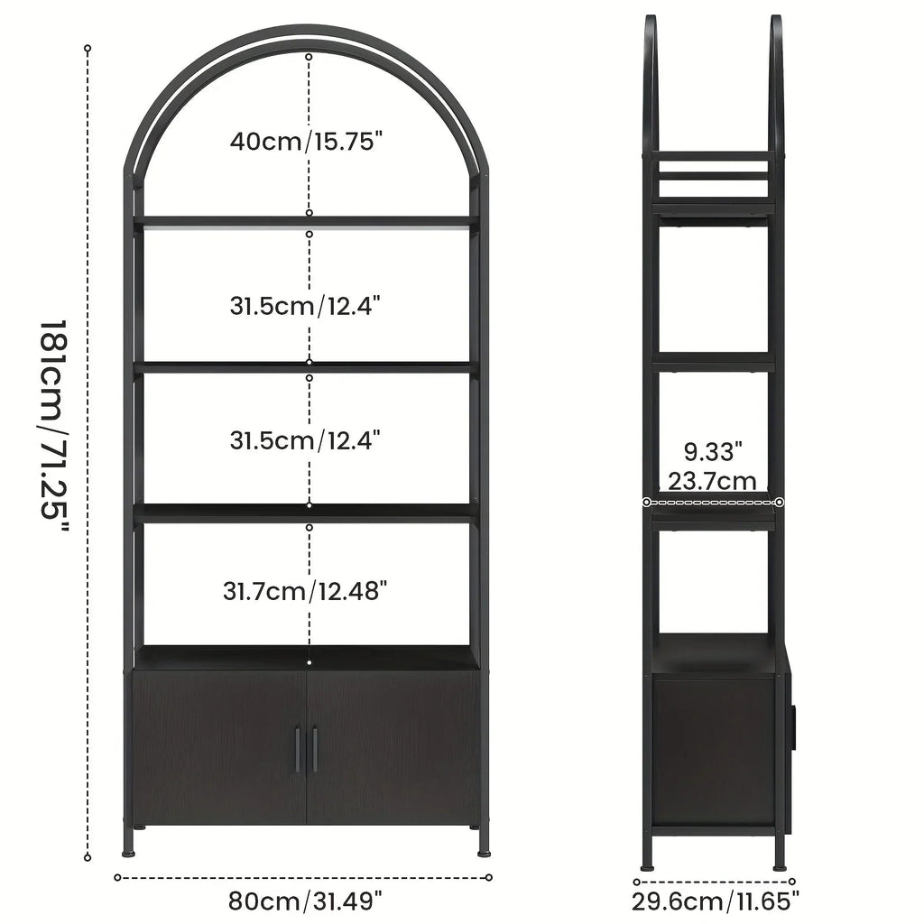 71" Industrial Arched Bookshelf with Doors - Sturdy Metal Frame, Freestanding Display Shelving Unit for... - House Of Avana [[SKU:HOA-STO-021]]