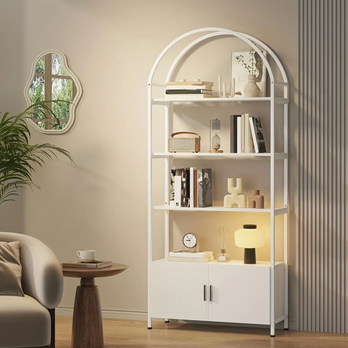 71" Industrial Arched Bookshelf with Doors - Sturdy Metal Frame, Freestanding Display Shelving Unit for... - House Of Avana [[SKU:HOA-STO-021]]