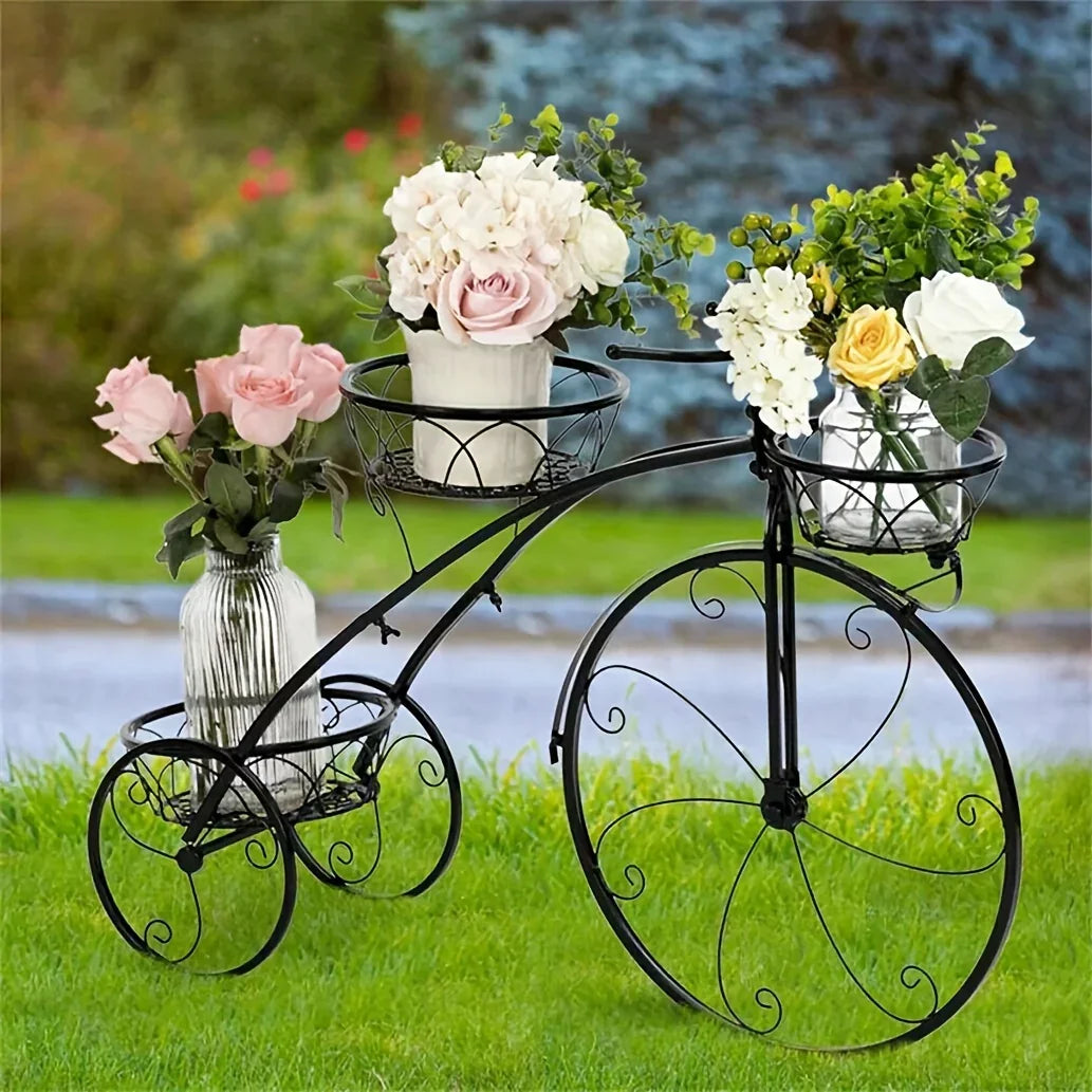Metal Bicycle Planter 3 Tier Tricycle Flower Plant Stand Parisian Style Flower Display Stand Cart For Home Decor Patio Garden Flower Shop Indoor Outdoor House Of Avana [[SKU:HOA-PLN-009]]
