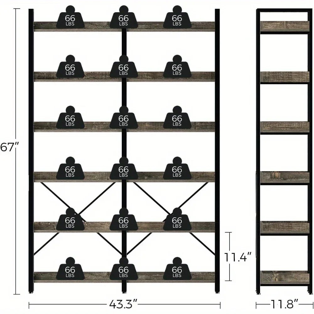 GREENSTELL 67" Industrial Rustic Bookcase - 6-Tier Open Shelf Storage Unit with Metal Frame & 4 Hooks, Vintage Display Shelf, 43.3" Width, Grey Finish House Of Avana [[SKU:HOA-BOK-009]]