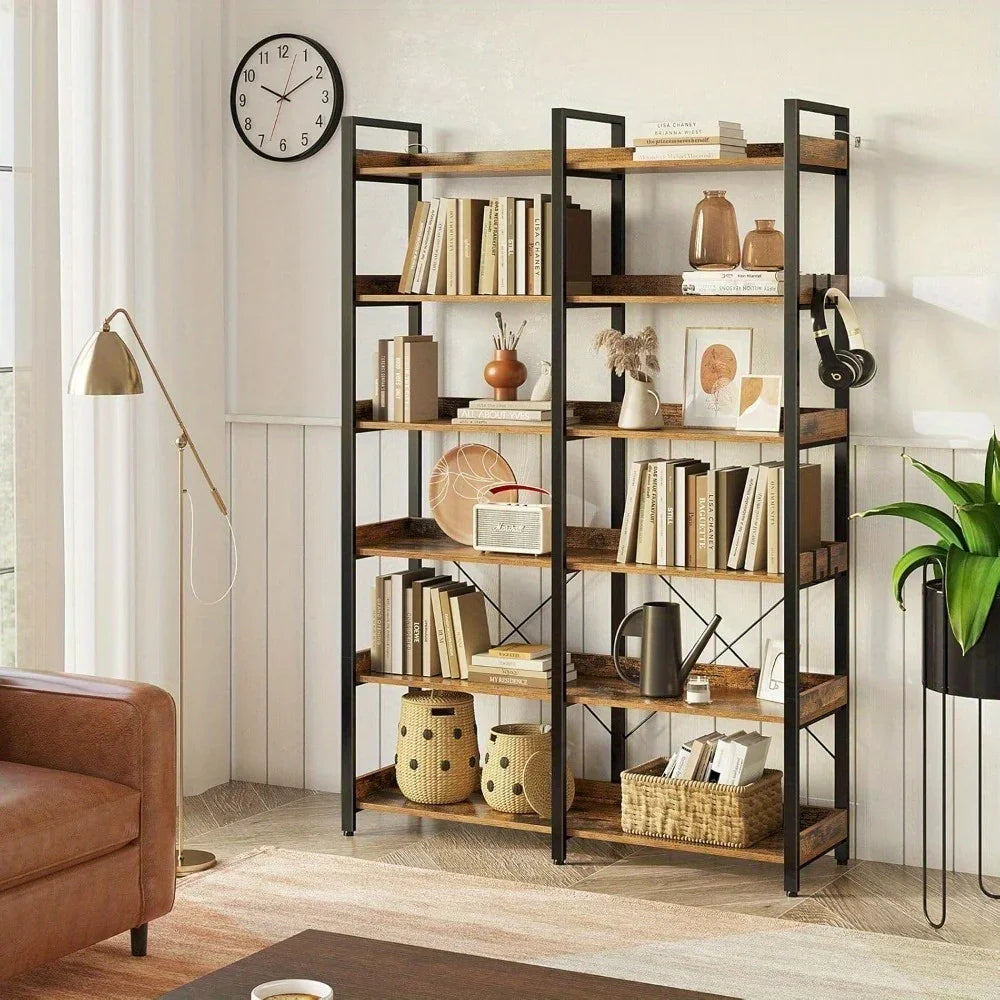 GREENSTELL 67" Industrial Rustic Bookcase - 6-Tier Open Shelf Storage Unit with Metal Frame & 4 Hooks, Vintage Display Shelf, 43.3" Width, Grey Finish House Of Avana [[SKU:HOA-BOK-009]]