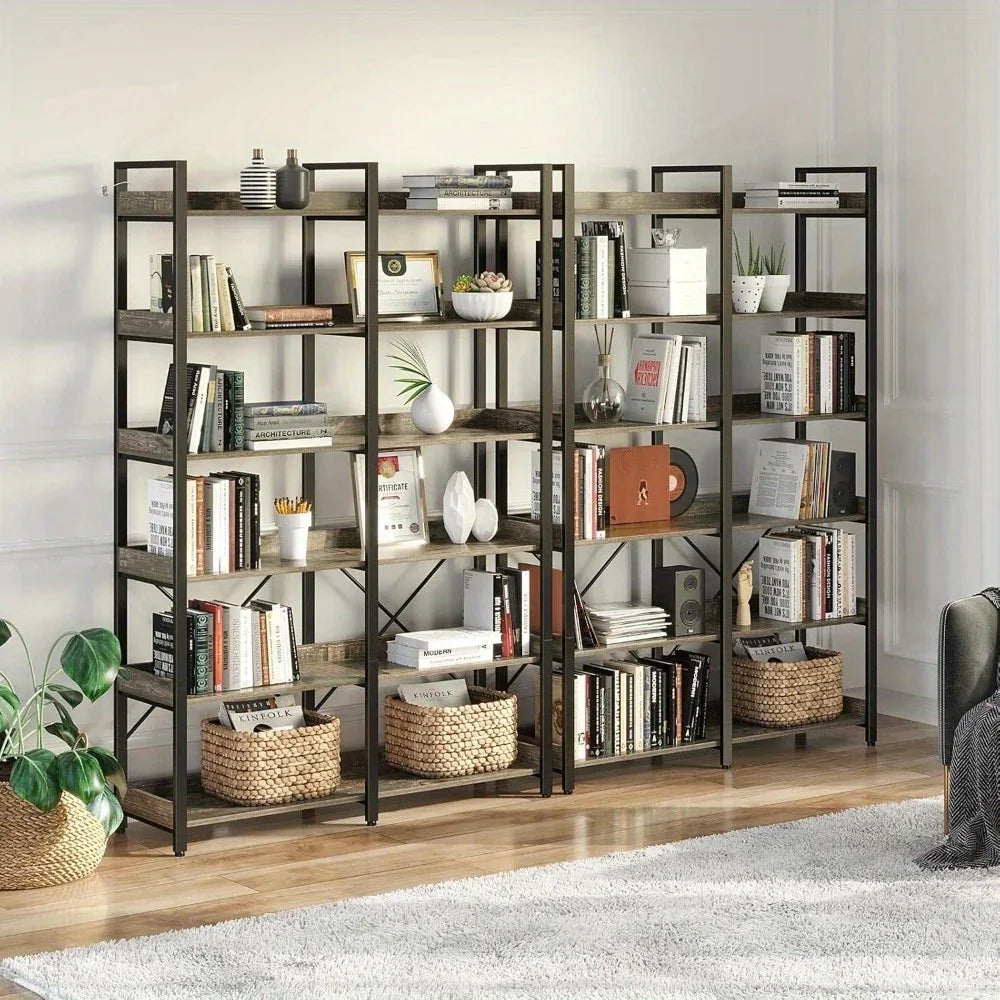 GREENSTELL 67" Industrial Rustic Bookcase - 6-Tier Open Shelf Storage Unit with Metal Frame & 4 Hooks, Vintage Display Shelf, 43.3" Width, Grey Finish House Of Avana [[SKU:HOA-BOK-009]]