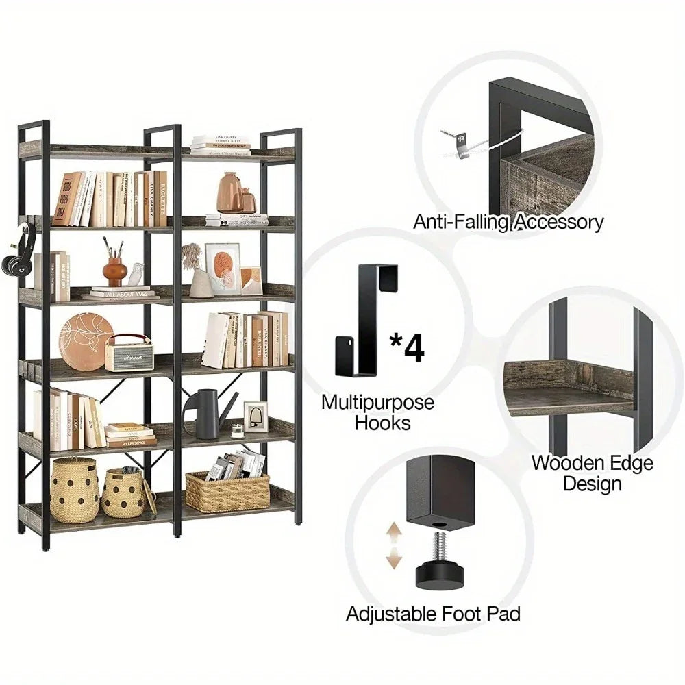 GREENSTELL 67" Industrial Rustic Bookcase - 6-Tier Open Shelf Storage Unit with Metal Frame & 4 Hooks, Vintage Display Shelf, 43.3" Width, Grey Finish House Of Avana [[SKU:HOA-BOK-009]]